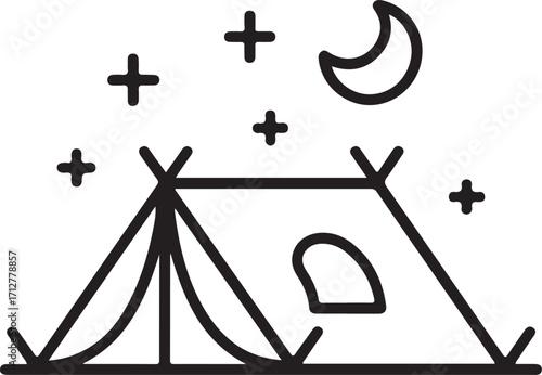 Simple line art camping tent under crescent moon