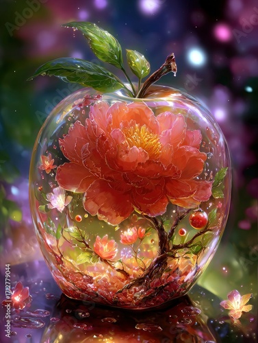 Enchanted Apple: Peony Bloom in Glass Orb