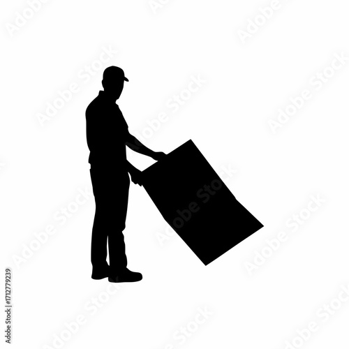 Silhouette of roofing worker pressing sheet flat with both hands isolated on white background