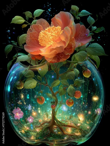 Enchanted Glass Orb with Blooming Flower Tree