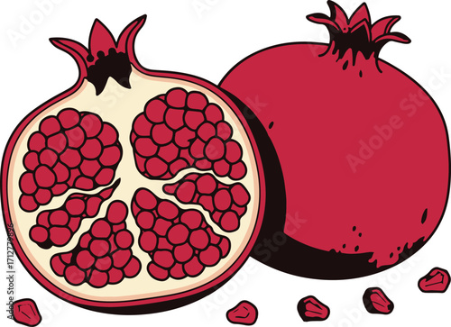 A vibrant pixel art illustration depicting a whole pomegranate and a halved pomegranate showcasing its numerous red seeds.