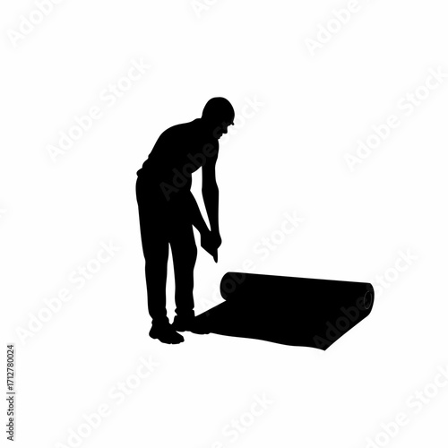 Roofing worker silhouette rolling waterproof sheet isolated on white background