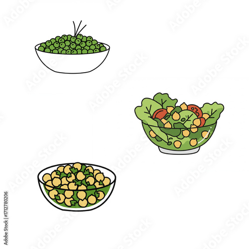 Fresh green peas and vibrant chickpea salad bowls bursting with healthy ingredients for a delicious meal