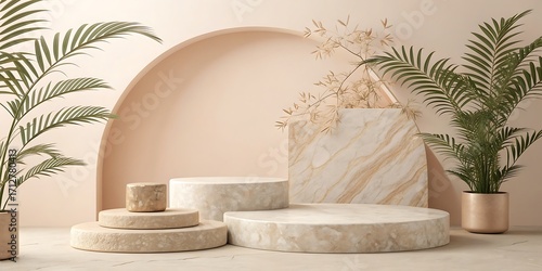 Minimalist display podiums with marble and plants in soft neutral tones stage platform