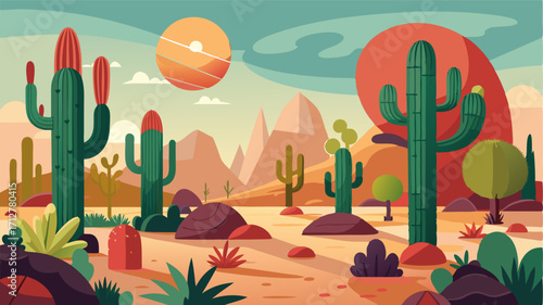 A desert garden filled with a varied display of cacti from small spherical plants to towering multiarmed giants.