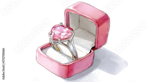 Heart shaped pink diamond ring in box watercolor drawing