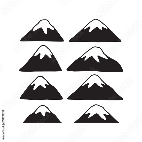 A collection of snowy mountain silhouettes with snow-capped peaks.