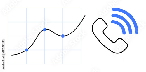 Line graph with data points representing trend growth and telephone icon with waves for communication. Ideal for business strategy, sales, analytics, technology, communication, progress, customer