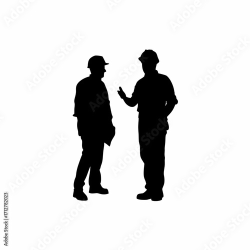 Silhouette of tbm operator and assistant discussing tunnel progress isolated on white background