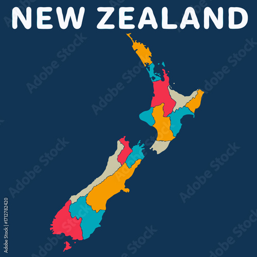 colorful map of new zealand on dark background with detailed outline vector illustration