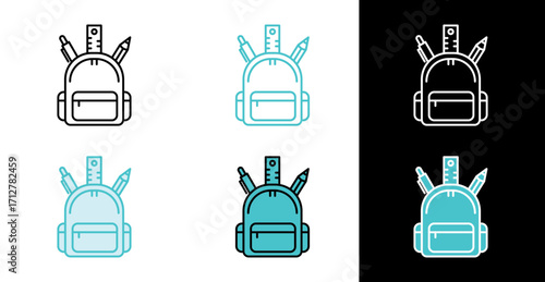 School bag with stationery icon for student education and school materials in line and fill style