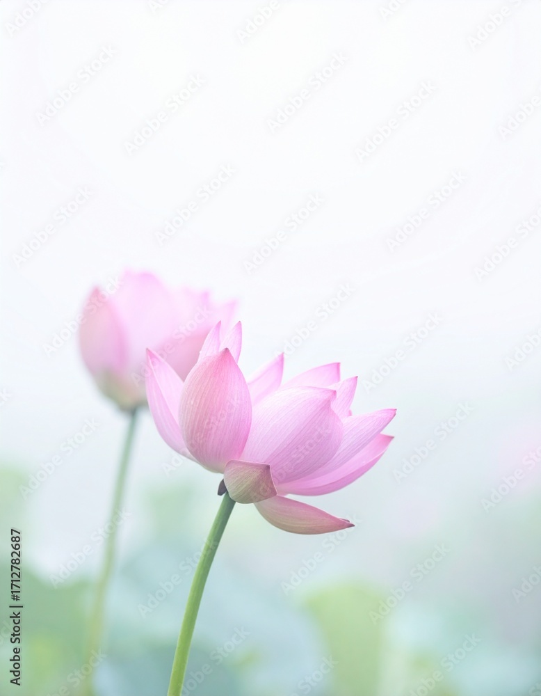 Fototapeta premium Pastel pink lotus flowers on pale white background, bokeh light. 