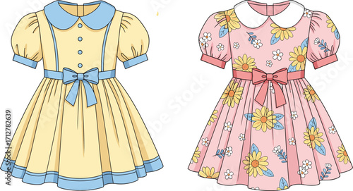 Charming vector illustration of two cute children’s dresses with bows, scalloped collars, puff sleeves, floral patterns, pastel colors, and decorative details