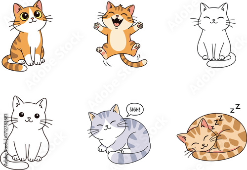 Cartoon cats in various poses and emotions including sleeping, jumping, sitting, sighing, playful, cute expressions, pet behavior and mood
