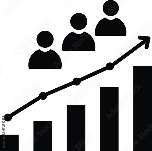 Silhouette of people and a rising bar graph with an upward trending arrow chart growth