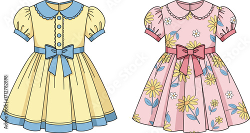 Charming vector illustration of two cute children’s dresses with bows, scalloped collars, puff sleeves, floral patterns, pastel colors, and decorative details