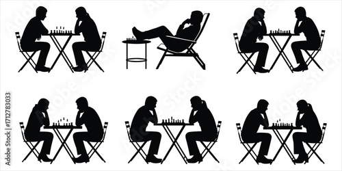 Silhouettes of people playing chess at tables and relaxing game strategy