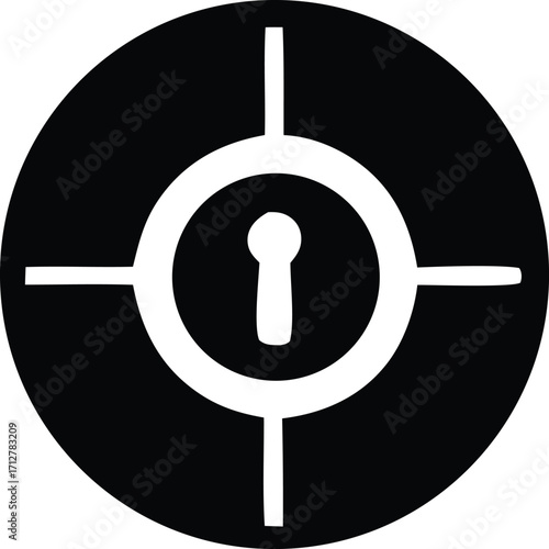 Iconic security symbol featuring a keyhole within a target reticle design for protection and access concepts
