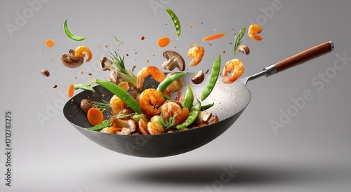 Flying wok with shrimp, vegetables, and mushrooms mid-air on a light grey background, high-detail cooking action