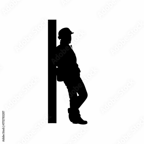 Silhouette of tbm operator leaning against tunnel wall after shift isolated on white background