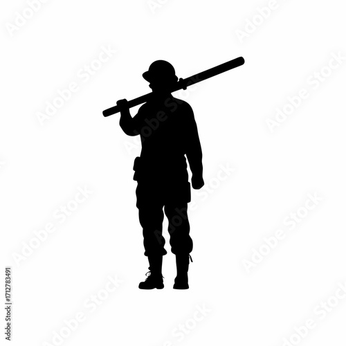 Silhouette of tbm operator guiding pipes for tunnel lining installation isolated on white background
