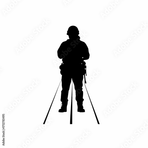 Silhouette of tbm operator measuring tunnel alignment with laser tool isolated on white background