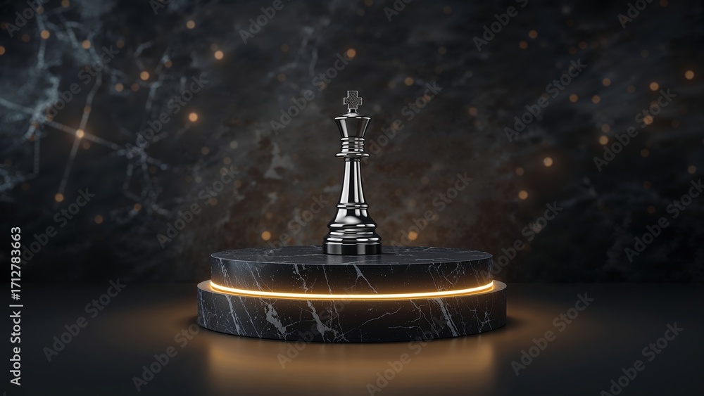 Naklejka premium Elegant black chess king on marble pedestal with glowing orange light and abstract dark background