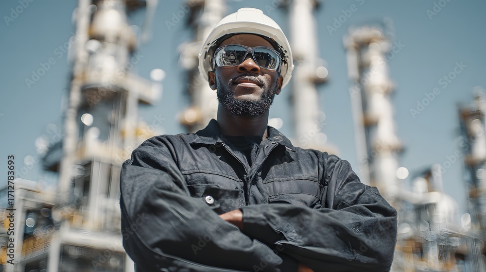 Obraz premium Confident Refinery Worker: Portrait of a Black Male Engineer in Safety Gear Against Industrial Background.