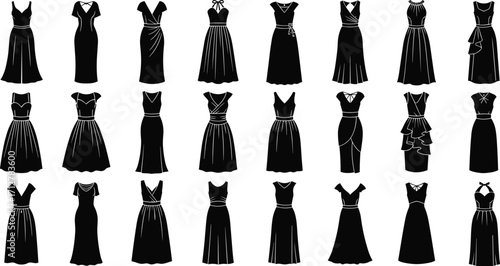 Collection of twenty‑five stylish black dress silhouettes showcasing diverse fashion designs, necklines, sleeve lengths, and skirt styles for elegant vector art