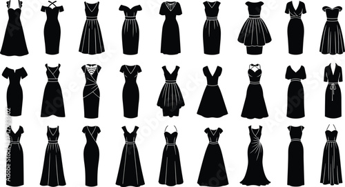 Collection of twenty‑five stylish black dress silhouettes showcasing diverse fashion designs, necklines, sleeve lengths, and skirt styles for elegant vector art