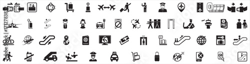 Minimalist airport icon set featuring airplanes, runways, luggage, control tower, boarding pass, passport, gates, arrival & departure symbols. Perfect for travel, navigation apps, flight booking 