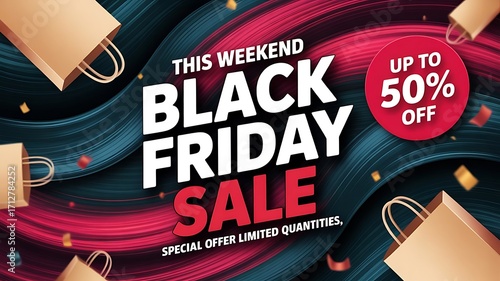 Black friday sale poster featuring shopping bags and up to 50 off badge, highlighting limited time offers and special deals