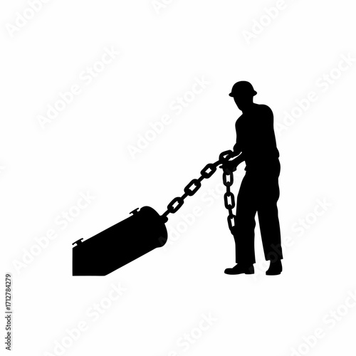 Silhouette of tbm operator pulling large chain connected to machine part isolated on white background