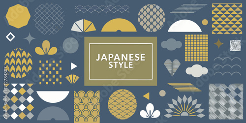 Japanese style abstract geometric patterns and shapes collage in mustard yellow and blue tones