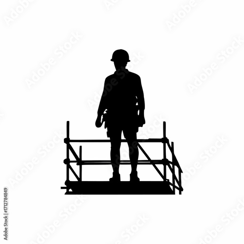 Silhouette of tbm operator on scaffolding near tunnel ceiling isolated on white background