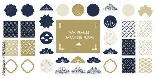 Collection of traditional japanese wa frames and decorative elements in navy blue and gold