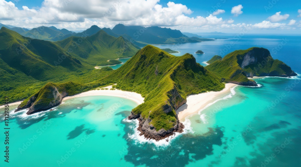 Naklejka premium Stunning aerial view of a tropical beach surrounded by lush green hills and clear blue waters