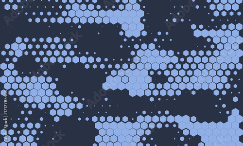 Hexagonal grid halftone pattern tilted gradient border ultra wide 32:9 aspect ratio dark blue vector abstract background. Hexagon half tone panoramic ultrawide format futuristic technology abstraction