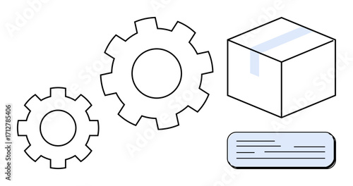 Gears, cardboard box, and document highlight operational workflow, automation, and supply chain. Ideal for business, manufacturing, efficiency, logistics planning productivity simple flat metaphor