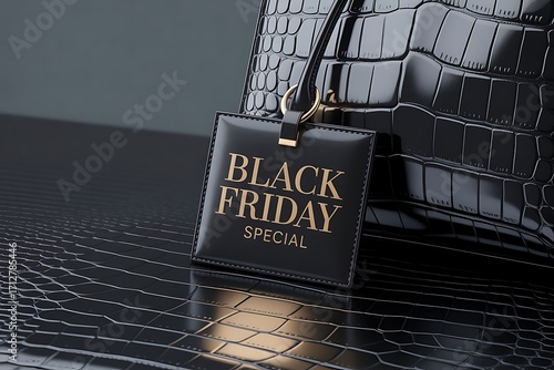 Black friday special tag on a luxury black crocodile leather handbag, concept for shopping and sales events