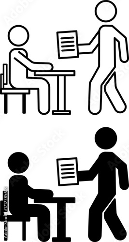 Explain Icons. Black and White Vector Illustrations. A Man Shows an Important Document to a Person in a Chair. Establish Reason, Understand, Interpret. Concept Teacher