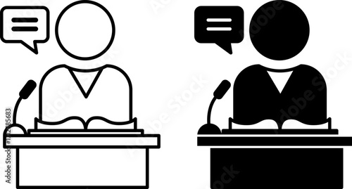 Lecturer Icons. Black and White Vector Illustrations. A Person Delivering a Lecture to Students from a Podium, Speaking into a Microphone. Specialist Conducting a Webinar. Teacher Concept