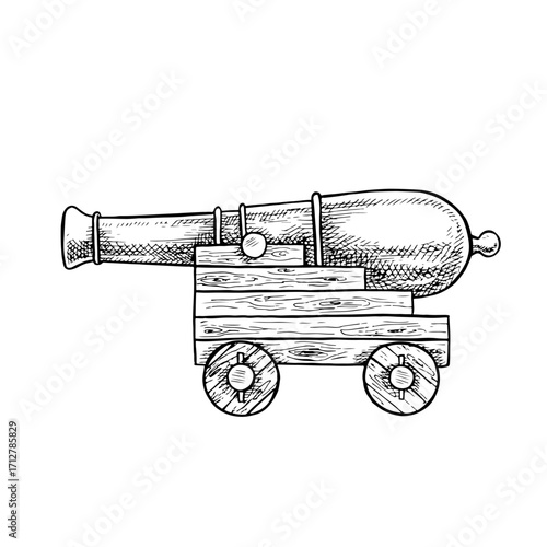 An old pirate ship cannon. Black and white graphics, vector illustration. Hand-drawn. A ship cannon on a wooden carriage, medieval era. For decorating children s games and celebrations.
