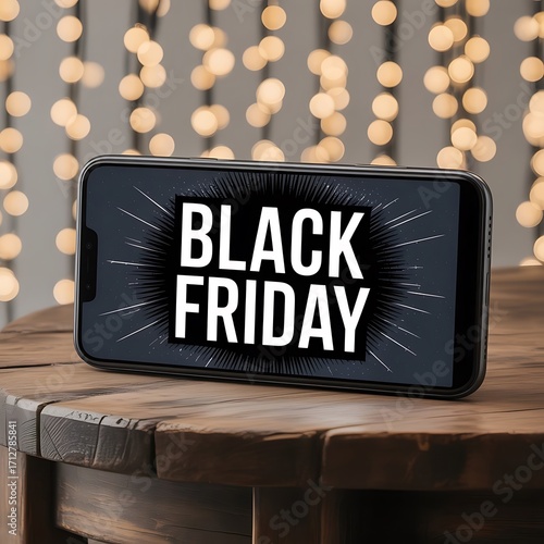 Black friday sale promotion displayed on a smartphone screen with bokeh lights in the background, on a wooden table