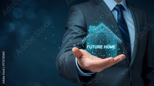 Businessman holding a glowing digital representation of a future home