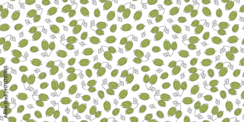 Abstract berries pattern, hand drawn gooseberry. Harvest, ingredient for drinks, juice, smoothie. Line icons, juicy garden berry with leaves. Drawing, doodle. Seamless background.
