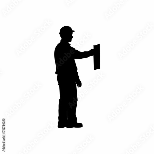 Silhouette of tunnel boring operator pressing emergency stop button isolated on white background