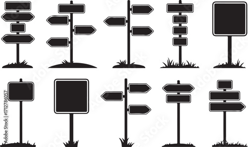 Detailed Signpost Vector Set with Directional Arrows and Blank Boards on Transparent Background