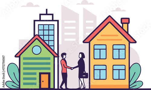 Real estate deal vector illustration people shaking hands between houses and city buildings scalable graphic
