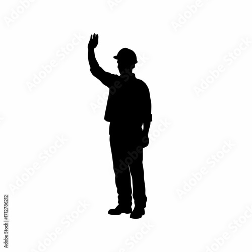 Silhouette of tunnel boring operator signaling stop with raised hand isolated on white background